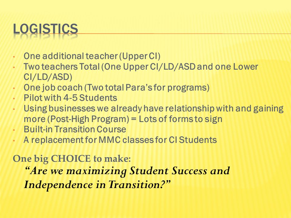 One additional teacher (Upper CI) Two teachers Total (One Upper CI/LD/ASD and one Lower CI/LD/ASD) One job coach (Two total Para’s for programs) Pilot with 4-5 Students Using businesses we already have relationship with and gaining more (Post-High Program) = Lots of forms to sign Built-in Transition Course A replacement for MMC classes for CI Students One big CHOICE to make: Are we maximizing Student Success and Independence in Transition