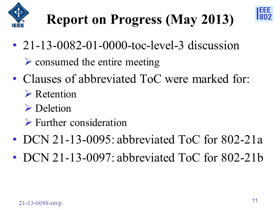 revp 11 Report on Progress (May 2013) toc-level-3 discussion  consumed the entire meeting Clauses of abbreviated ToC were marked for:  Retention  Deletion  Further consideration DCN : abbreviated ToC for a DCN : abbreviated ToC for b