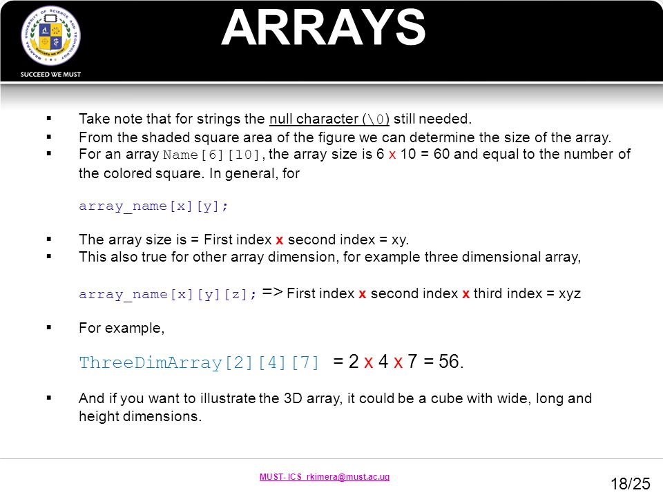 MUST- ICS ARRAYS  Take note that for strings the null character ( \0 ) still needed.