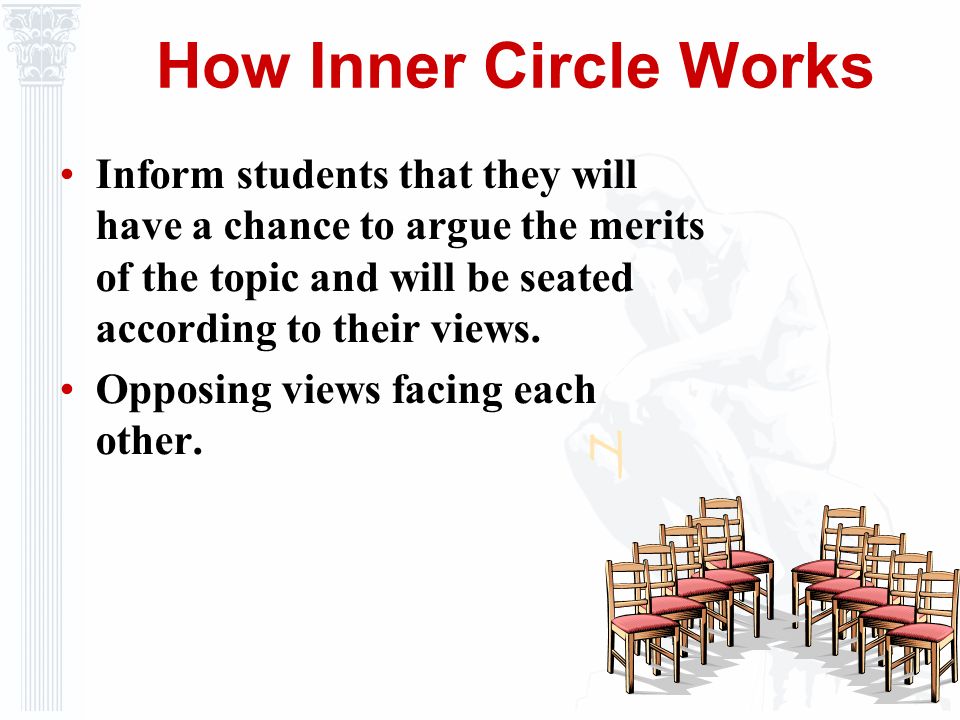 How Inner Circle Works Inform students that they will have a chance to argue the merits of the topic and will be seated according to their views.