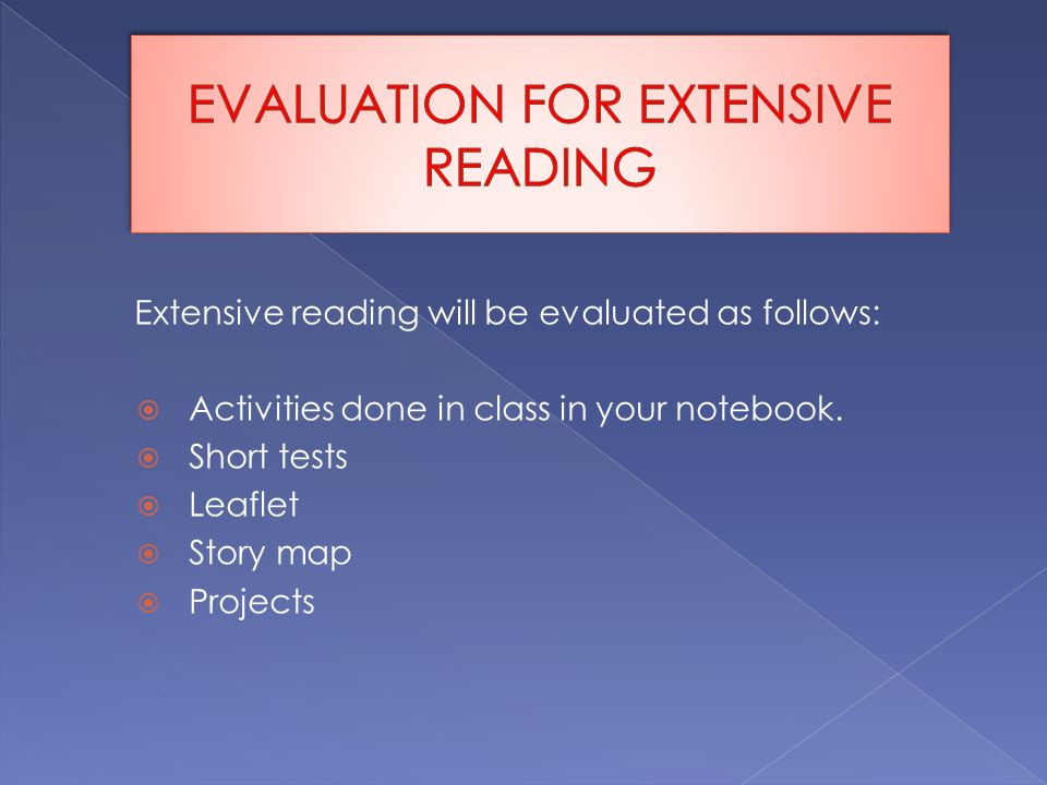 Extensive reading will be evaluated as follows:  Activities done in class in your notebook.