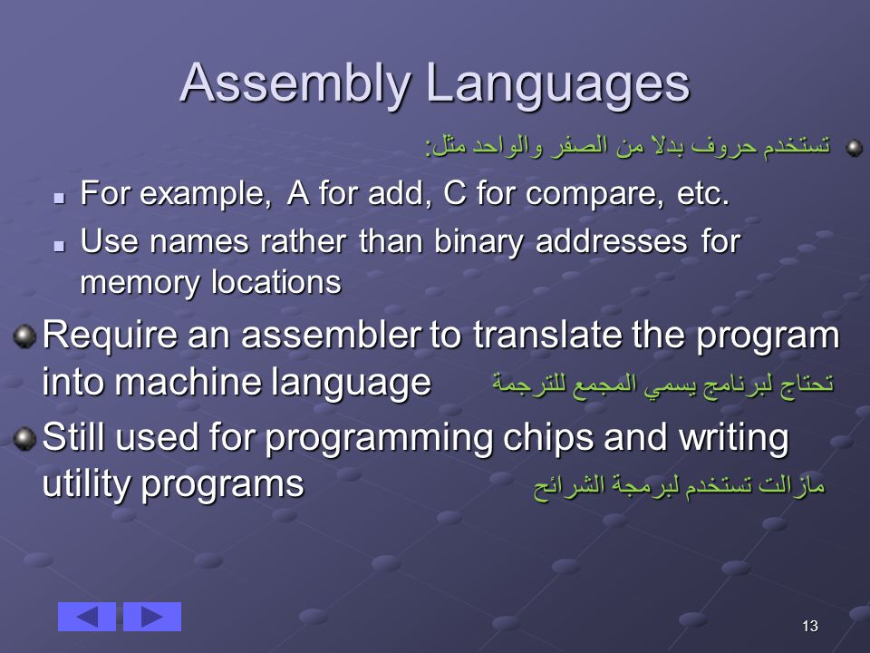 13 Assembly Languages تستخدم حروف بدلا من الصفر والواحد مثل: For example, A for add, C for compare, etc.