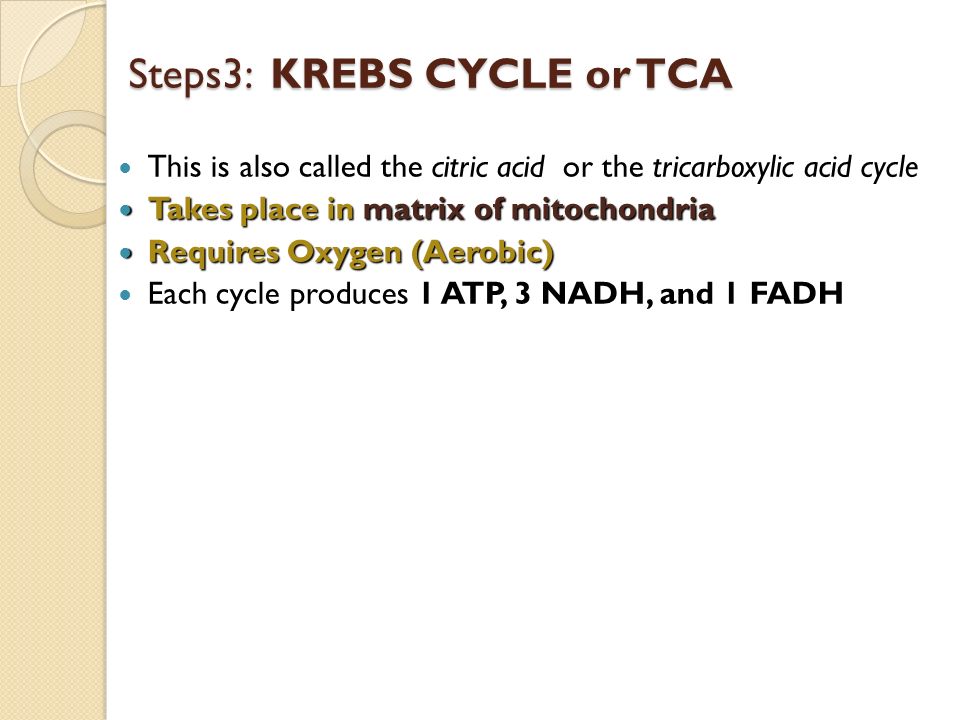 Steps3: KREBS CYCLE or TCA This is also called the citric acid or the tricarboxylic acid cycle Takes place in matrix of mitochondria Takes place in matrix of mitochondria Requires Oxygen (Aerobic) Requires Oxygen (Aerobic) Each cycle produces 1 ATP, 3 NADH, and 1 FADH