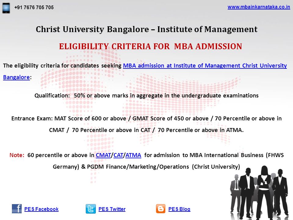ELIGIBILITY CRITERIA FOR MBA ADMISSION Entrance Exam: MAT Score of 600 or above / GMAT Score of 450 or above / 70 Percentile or above in CMAT / 70 Percentile or above in CAT / 70 Percentile or above in ATMA.