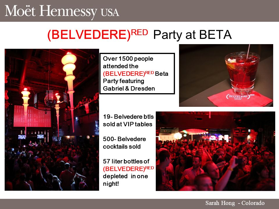 (BELVEDERE) RED Party at BETA 19- Belvedere btls sold at VIP tables 500- Belvedere cocktails sold 57 liter bottles of (BELVEDERE) RED depleted in one night.