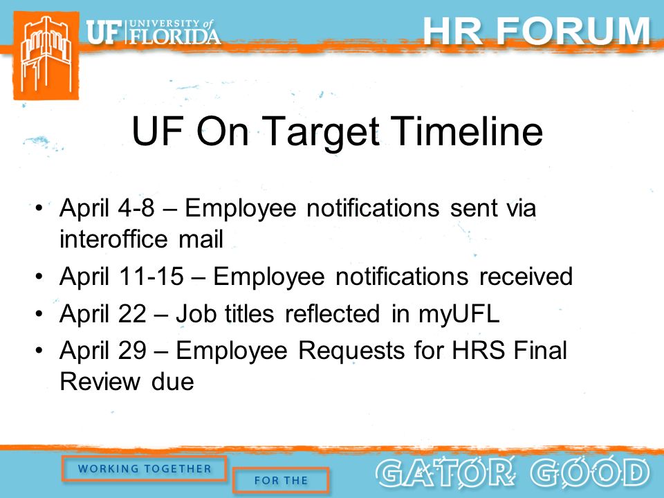 UF On Target Timeline April 4-8 – Employee notifications sent via interoffice mail April – Employee notifications received April 22 – Job titles reflected in myUFL April 29 – Employee Requests for HRS Final Review due