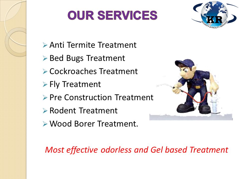  Anti Termite Treatment  Bed Bugs Treatment  Cockroaches Treatment  Fly Treatment  Pre Construction Treatment  Rodent Treatment  Wood Borer Treatment.