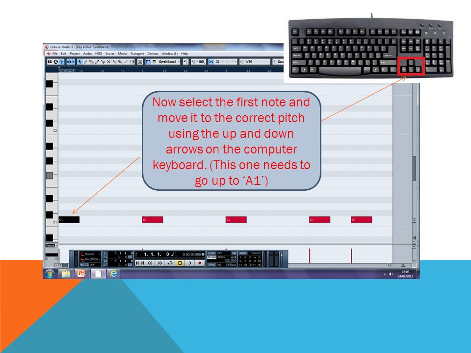 Now select the first note and move it to the correct pitch using the up and down arrows on the computer keyboard.