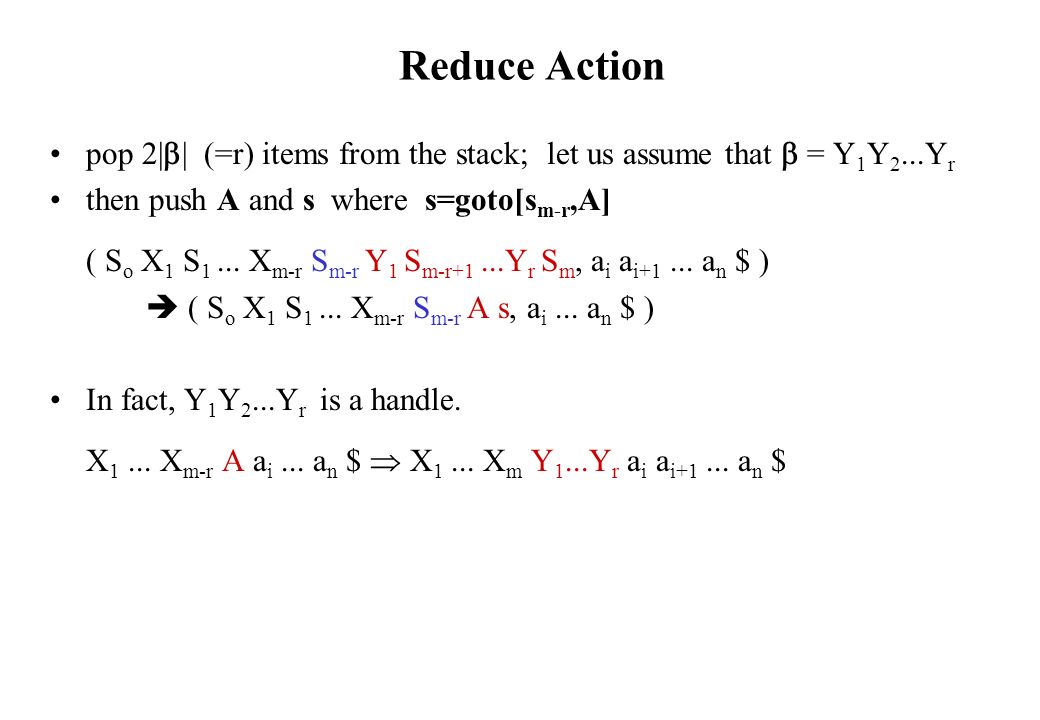 Reduce Action pop 2|  | (=r) items from the stack; let us assume that  = Y 1 Y 2...Y r then push A and s where s=goto[s m-r,A] ( S o X 1 S 1...