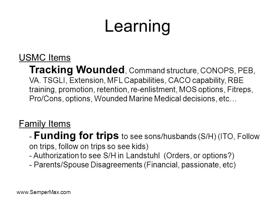 Learning USMC Items Tracking Wounded, Command structure, CONOPS, PEB, VA.