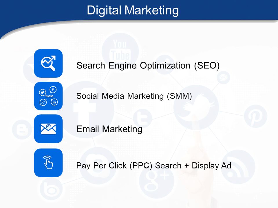 Digital Marketing Search Engine Optimization (SEO) Social Media Marketing (SMM)  Marketing Pay Per Click (PPC) Search + Display Ad
