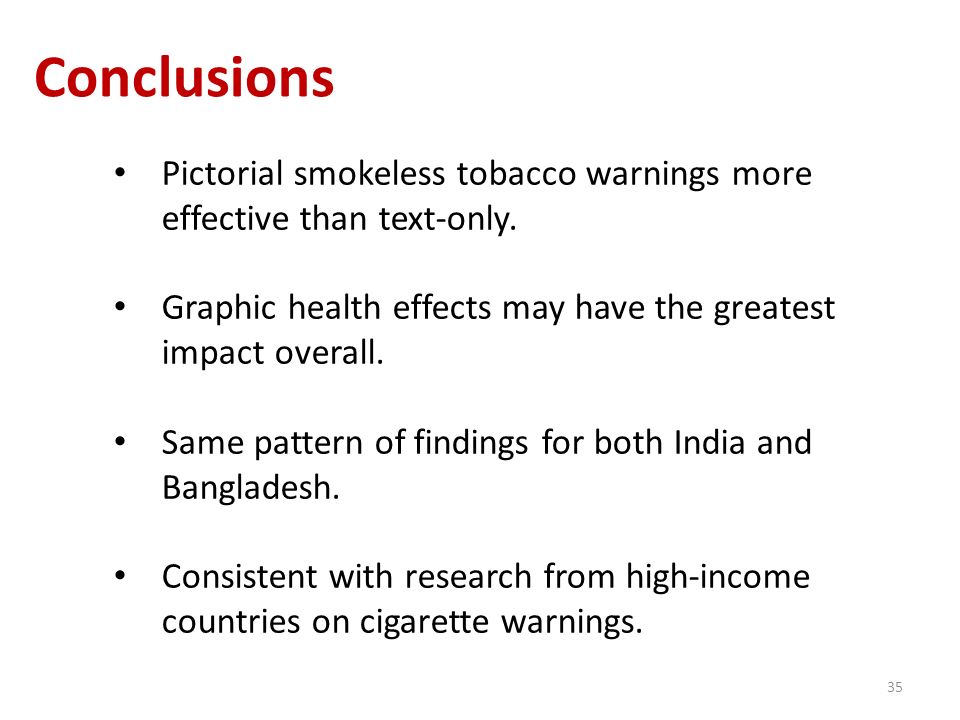 35 Conclusions Pictorial smokeless tobacco warnings more effective than text-only.