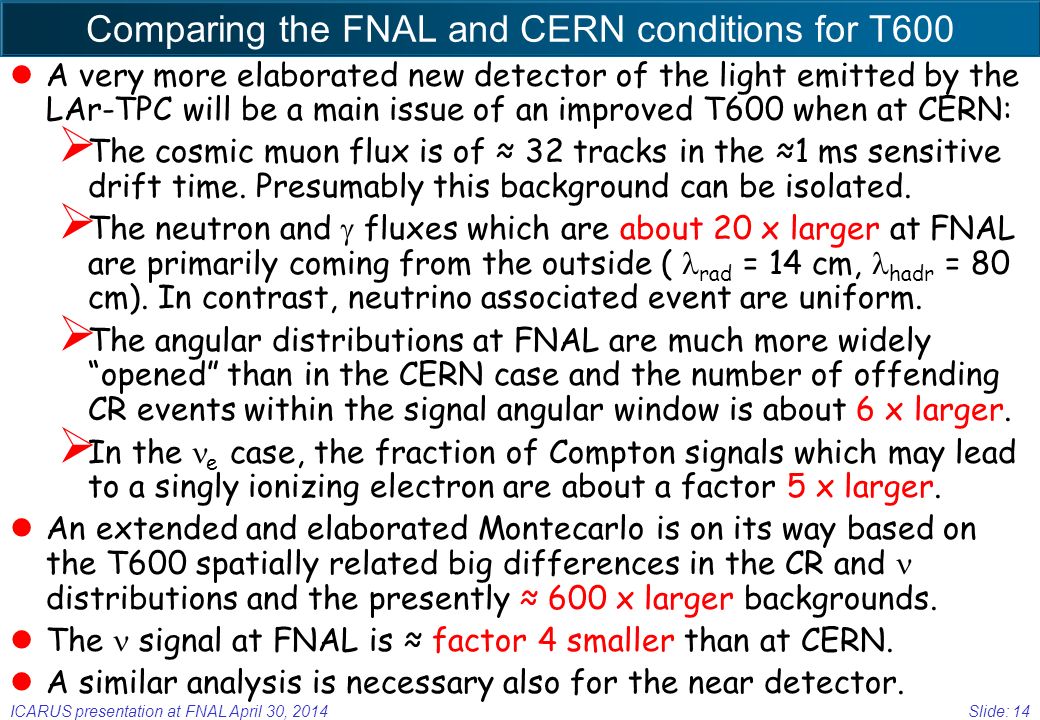 Comparing the FNAL and CERN conditions for T600 lA very more elaborated new detector of the light emitted by the LAr-TPC will be a main issue of an improved T600 when at CERN:  The cosmic muon flux is of ≈ 32 tracks in the ≈1 ms sensitive drift time.
