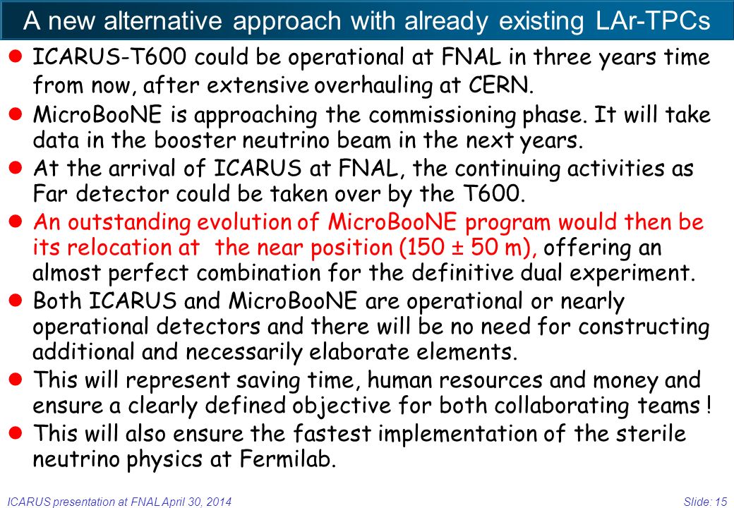 A new alternative approach with already existing LAr-TPCs lICARUS-T600 could be operational at FNAL in three years time from now, after extensive overhauling at CERN.