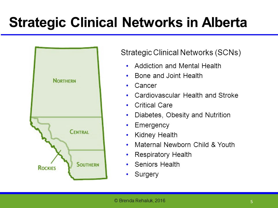 5 Strategic Clinical Networks (SCNs) Addiction and Mental Health Bone and Joint Health Cancer Cardiovascular Health and Stroke Critical Care Diabetes, Obesity and Nutrition Emergency Kidney Health Maternal Newborn Child & Youth Respiratory Health Seniors Health Surgery © Brenda Rehaluk, 2016 Strategic Clinical Networks in Alberta