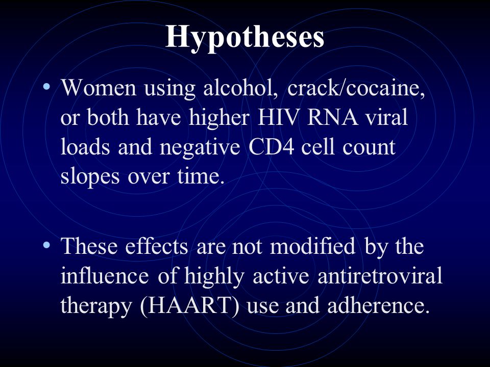 Hypotheses Women using alcohol, crack/cocaine, or both have higher HIV RNA viral loads and negative CD4 cell count slopes over time.