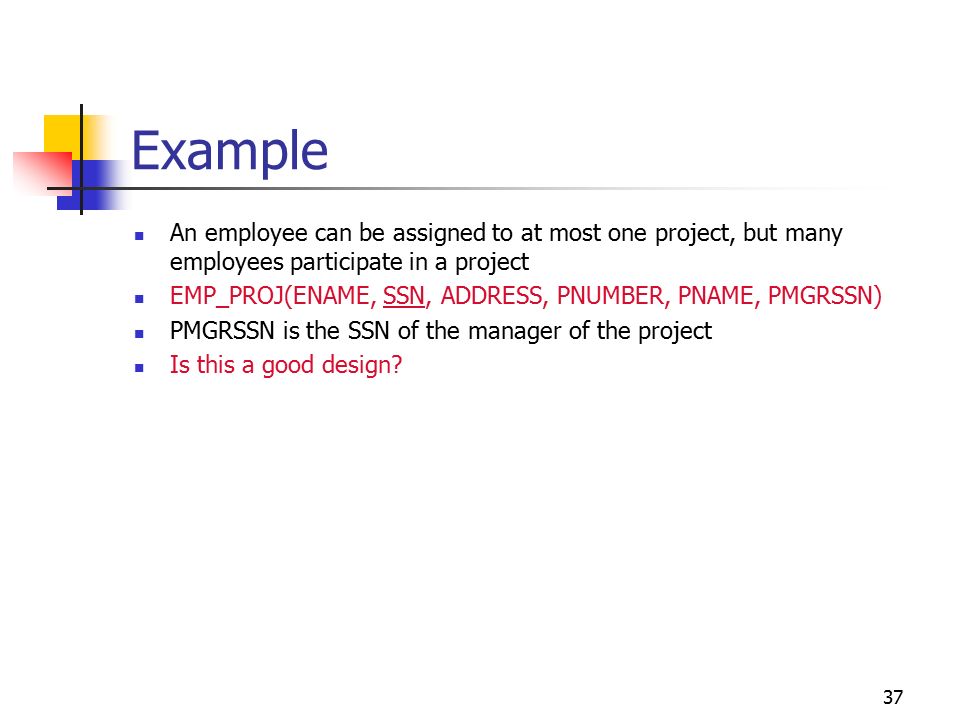 Example An employee can be assigned to at most one project, but many employees participate in a project EMP_PROJ(ENAME, SSN, ADDRESS, PNUMBER, PNAME, PMGRSSN) PMGRSSN is the SSN of the manager of the project Is this a good design.