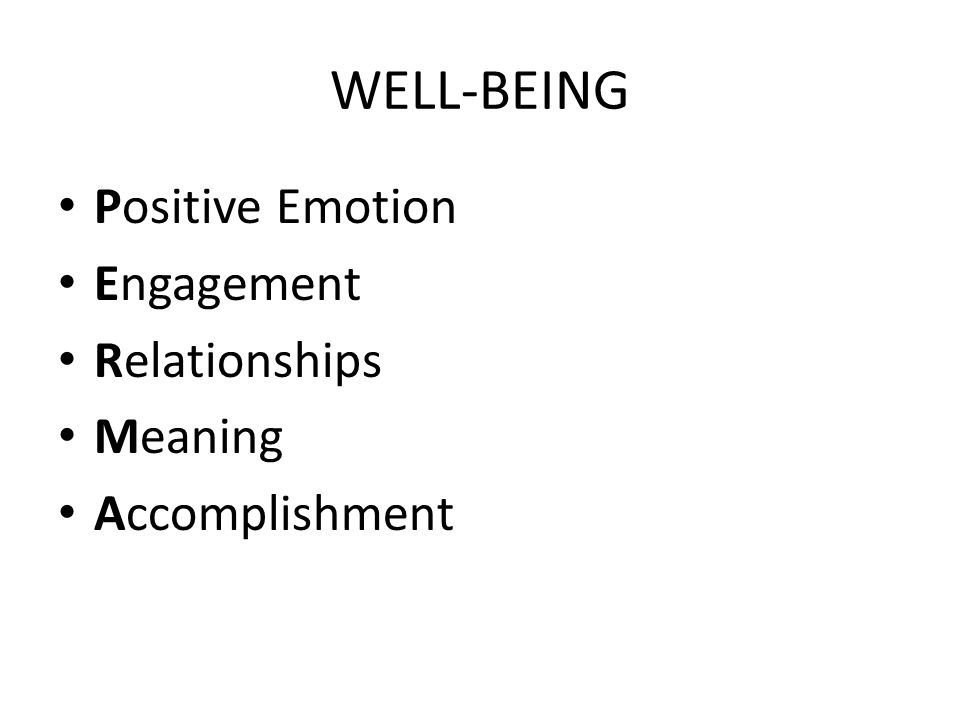 WELL-BEING Positive Emotion Engagement Relationships Meaning Accomplishment