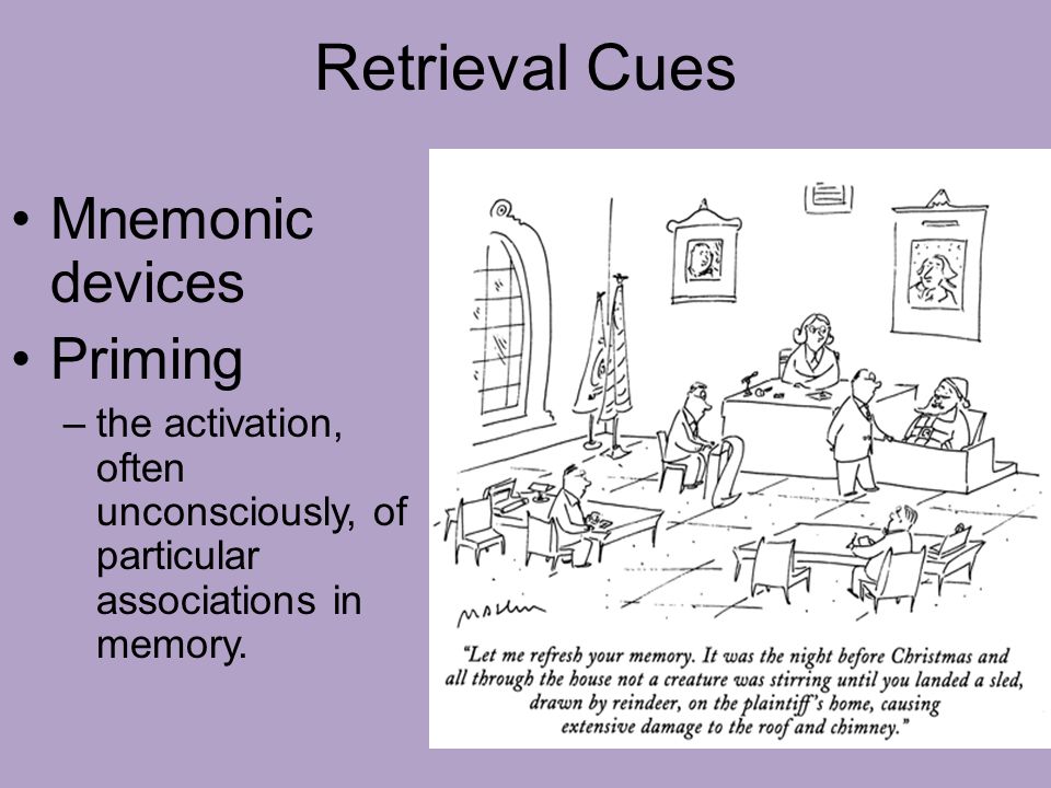 Retrieval Cues Mnemonic devices Priming –the activation, often unconsciously, of particular associations in memory.
