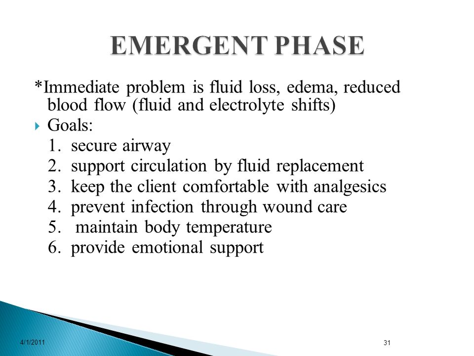 *Immediate problem is fluid loss, edema, reduced blood flow (fluid and electrolyte shifts)  Goals: 1.