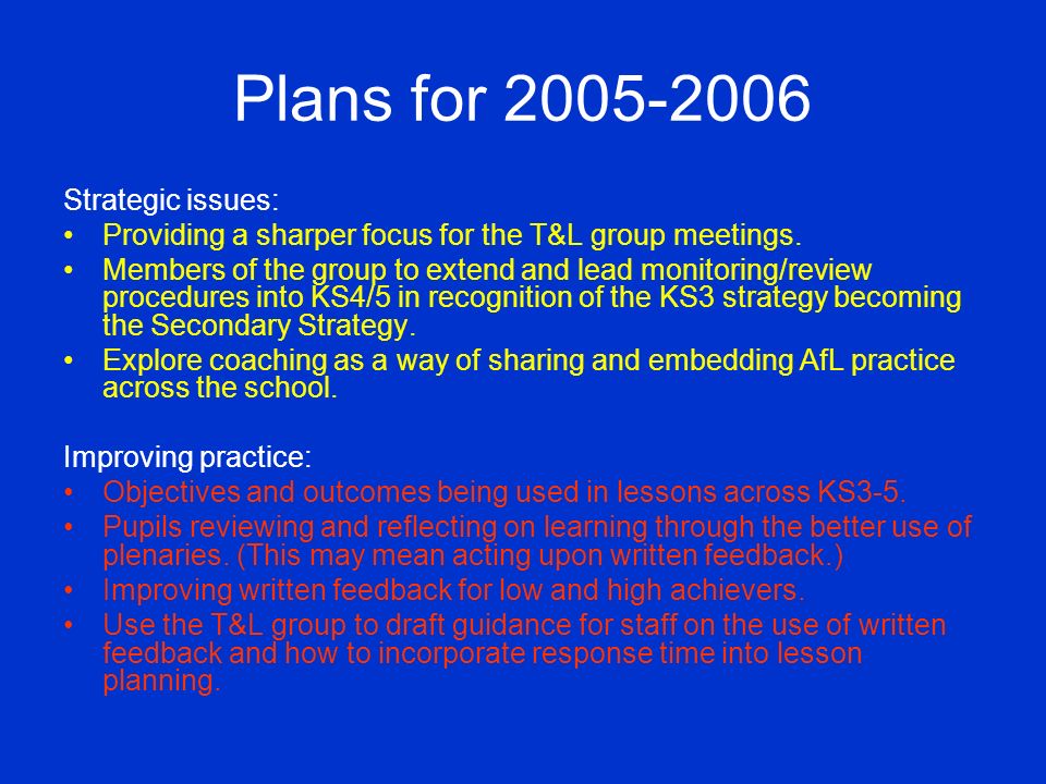 Plans for Strategic issues: Providing a sharper focus for the T&L group meetings.