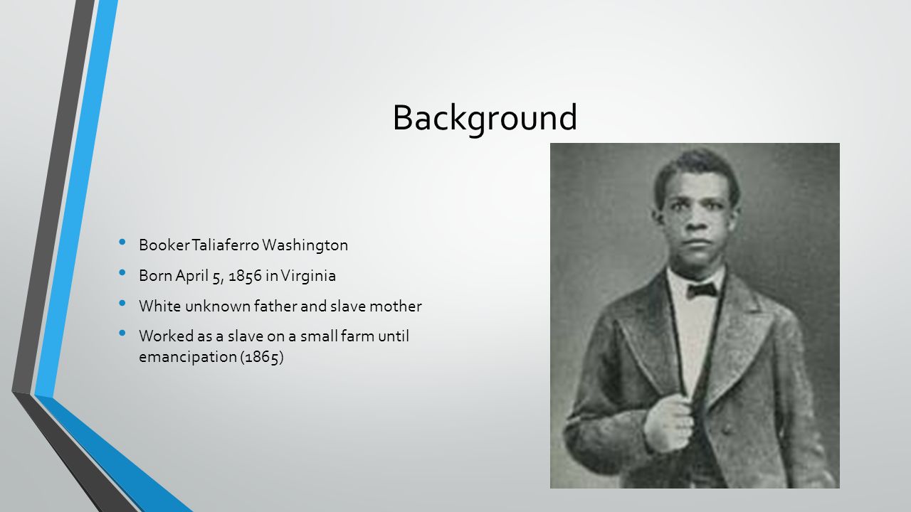 Booker T. Washington By: Alec Hanss. Background Booker Taliaferro Washington  Born April 5, 1856 in Virginia White unknown father and slave mother  Worked. - ppt download