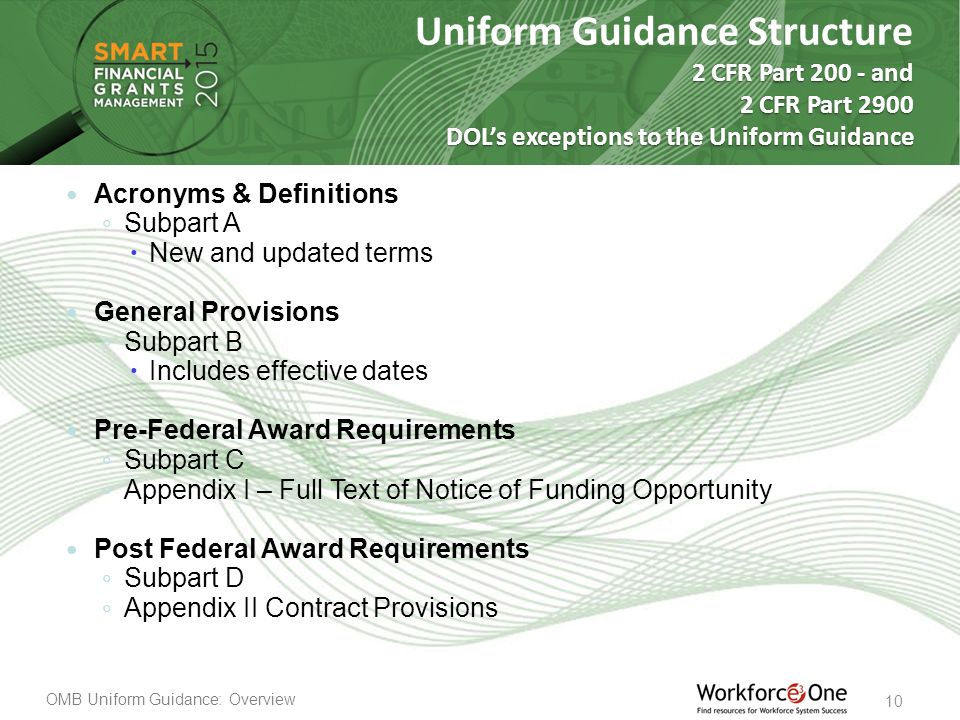 OMB Uniform Guidance: Overview 10 Uniform Guidance Structure 2 CFR Part and 2 CFR Part 2900 DOL’s exceptions to the Uniform Guidance Acronyms & Definitions ◦ Subpart A  New and updated terms General Provisions ◦ Subpart B  Includes effective dates Pre-Federal Award Requirements ◦ Subpart C ◦ Appendix I – Full Text of Notice of Funding Opportunity Post Federal Award Requirements ◦ Subpart D ◦ Appendix II Contract Provisions