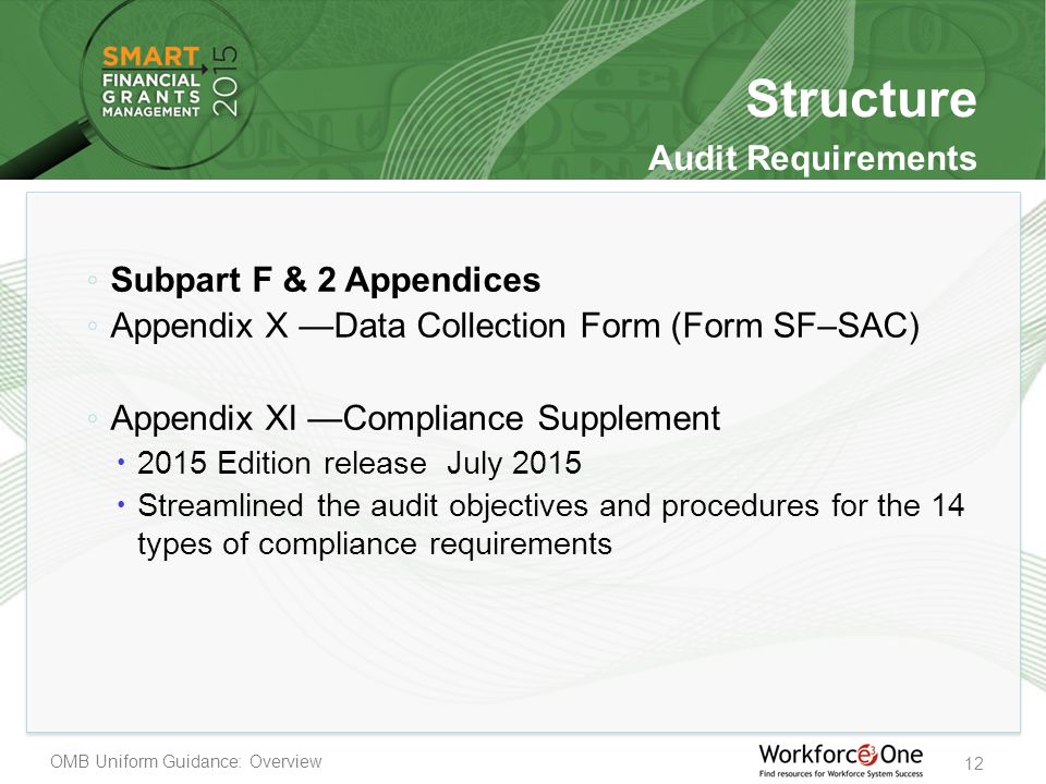 OMB Uniform Guidance: Overview 12 ◦ Subpart F & 2 Appendices ◦ Appendix X —Data Collection Form (Form SF–SAC) ◦ Appendix XI —Compliance Supplement  2015 Edition release July 2015  Streamlined the audit objectives and procedures for the 14 types of compliance requirements Structure Audit Requirements