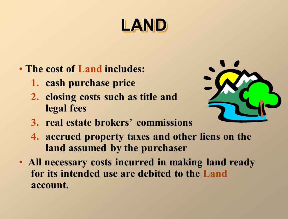 The cost of Land includes: 1. cash purchase price 2.