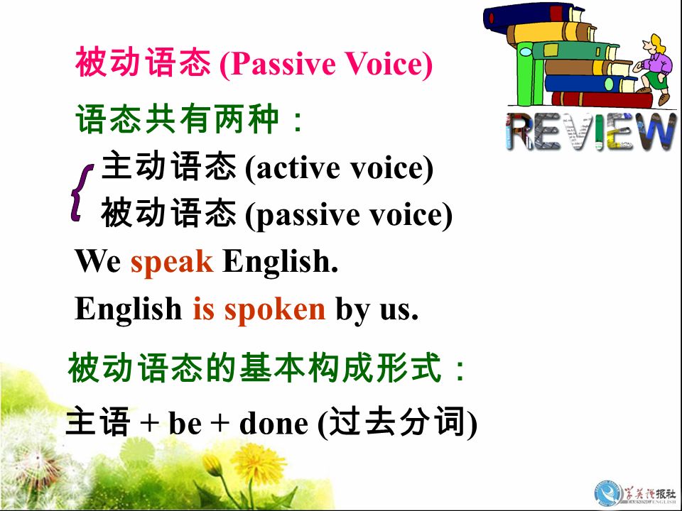 被动语态 (Passive Voice) 被动语态的基本构成形式： 主语 + be + done ( 过去分词 ) 语态共有两种： 主动语态 (active voice) 被动语态 (passive voice) We speak English.