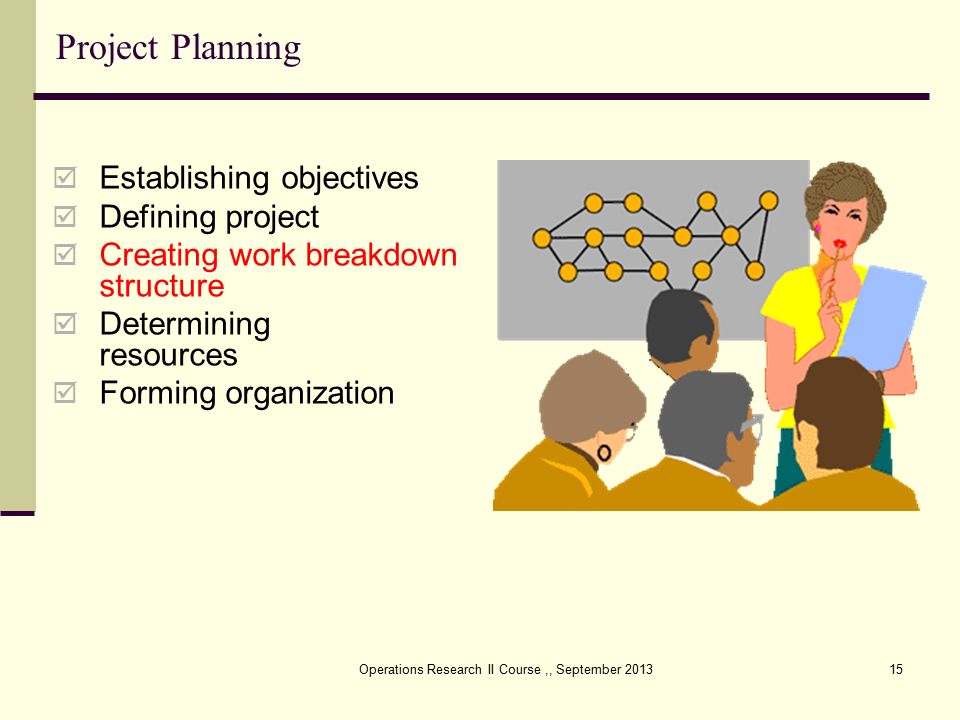 Operations Research II Course,, September  Establishing objectives  Defining project  Creating work breakdown structure  Determining resources  Forming organization Project Planning