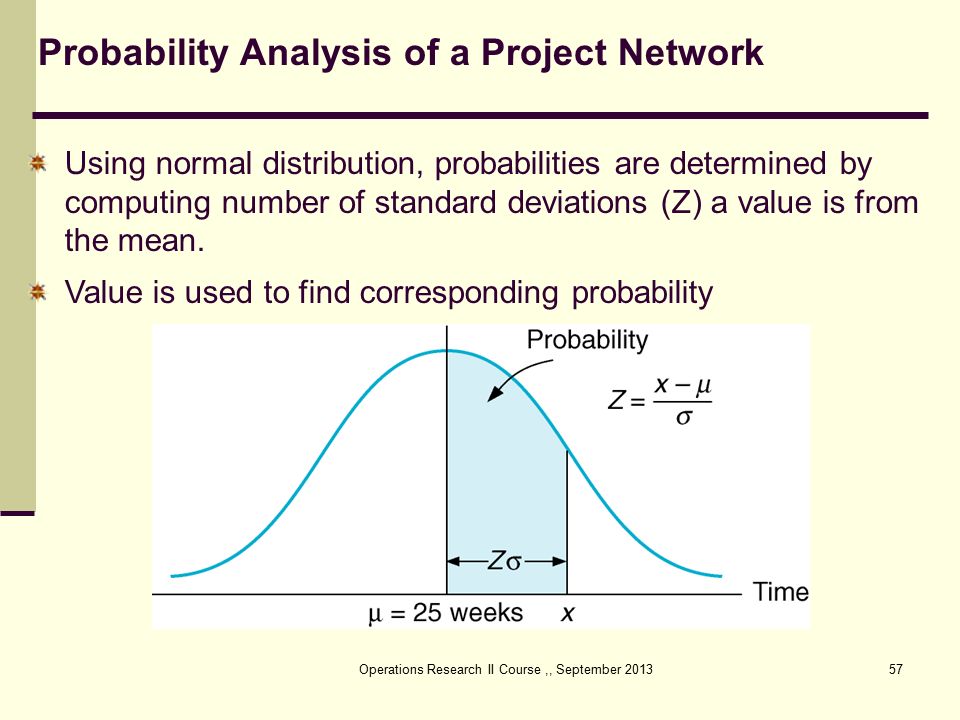 Operations Research II Course,, September Using normal distribution, probabilities are determined by computing number of standard deviations (Z) a value is from the mean.