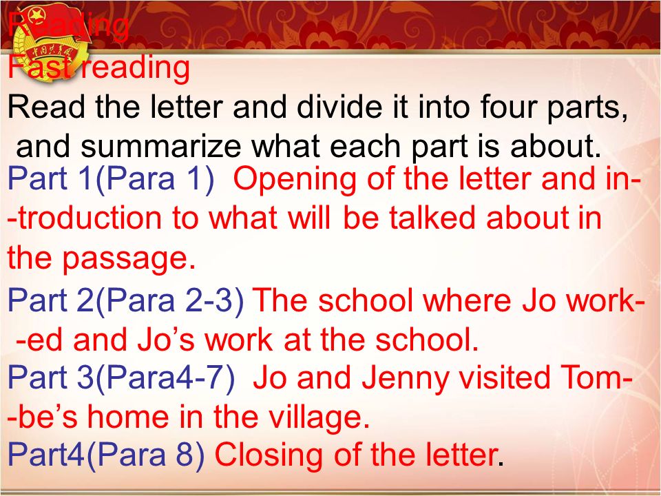 Reading Fast reading Read the letter and divide it into four parts, and summarize what each part is about.