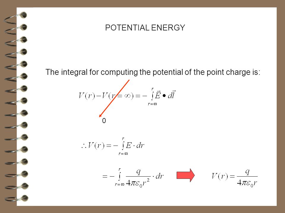 POTENTIAL ENERGY Example: Use case of point charge at origin and obtain potential everywhere from E-field Spherical Geometry Point charge at (0,0,0) r Integration Path infinity Reference: V=0 at infinity