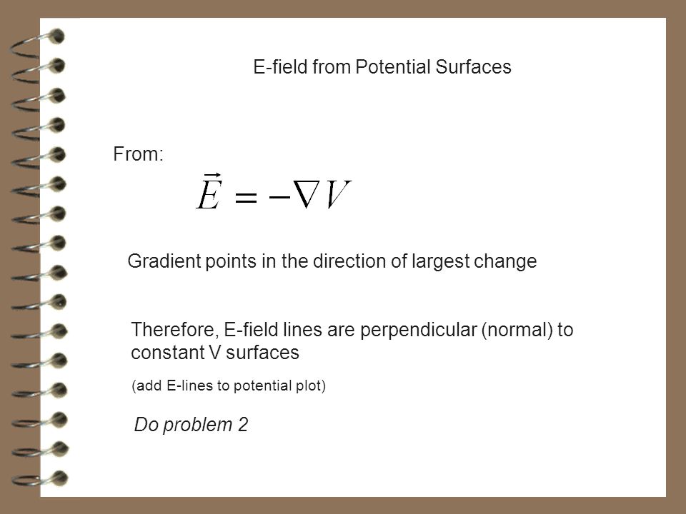 POTENTIAL SURFACES Potential is a SCALAR quantity Graphs are done as Surface Plots or Contour Plots Example - Parallel Plate Capacitor 0 +V 0 -V 0 +V 0 /2 -V 0 /2 -V 0 +V 0 E-Field Potential Surfaces