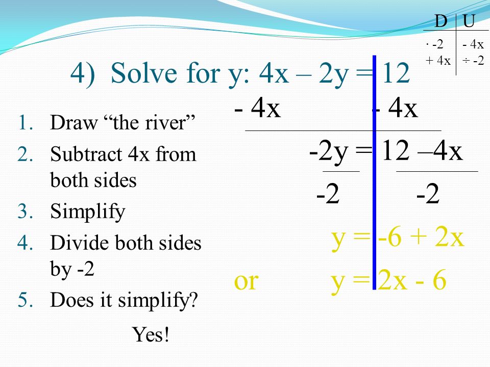 4) Solve for y: 4x – 2y = 12 1.Draw the river 2.Subtract 4x from both sides 3.Simplify 4.Divide both sides by -2 5.Does it simplify.