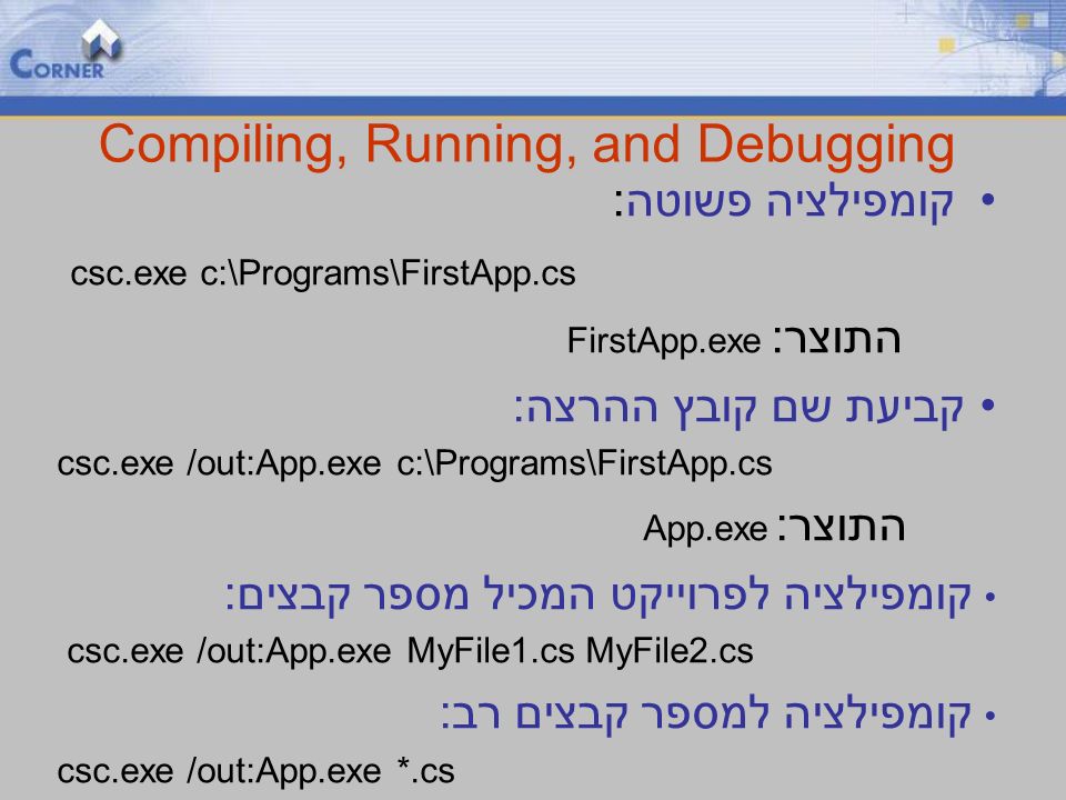 Compiling, Running, and Debugging קומפילציה פשוטה: csc.exe c:\Programs\FirstApp.cs התוצר: FirstApp.exe קביעת שם קובץ ההרצה: csc.exe /out:App.exe c:\Programs\FirstApp.cs התוצר: App.exe קומפילציה לפרוייקט המכיל מספר קבצים: csc.exe /out:App.exe MyFile1.cs MyFile2.cs קומפילציה למספר קבצים רב: csc.exe /out:App.exe *.cs