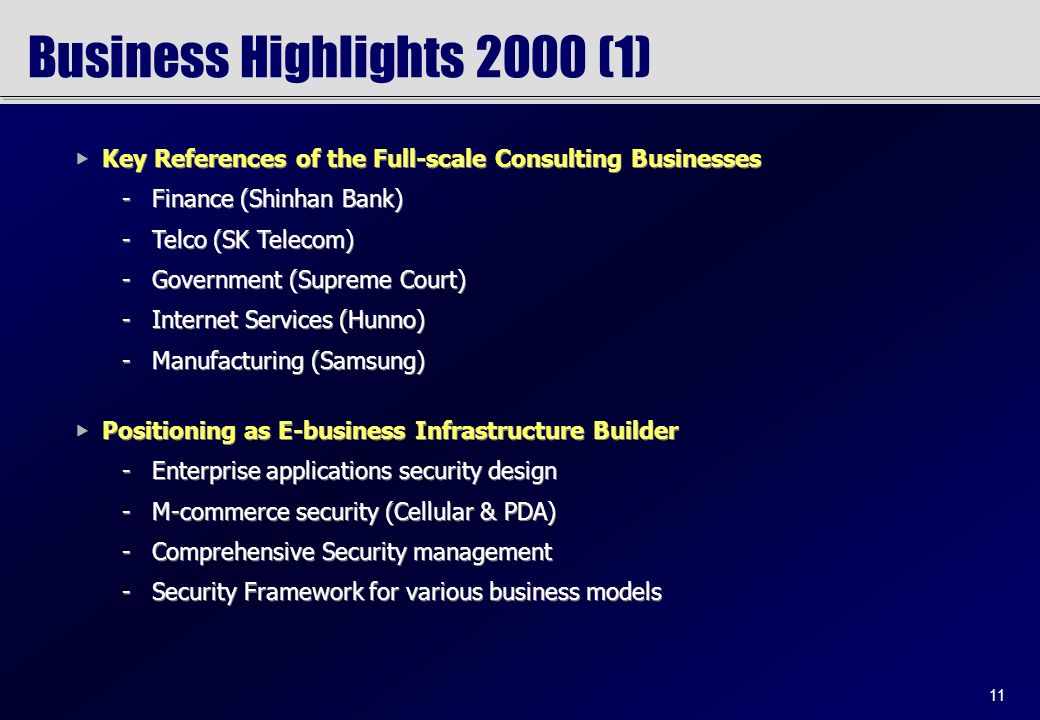 11 Business Highlights 2000 (1) ▶ Positioning as E-business Infrastructure Builder -Enterprise applications security design -M-commerce security (Cellular & PDA) -Comprehensive Security management -Security Framework for various business models ▶ Positioning as E-business Infrastructure Builder -Enterprise applications security design -M-commerce security (Cellular & PDA) -Comprehensive Security management -Security Framework for various business models ▶ Key References of the Full-scale Consulting Businesses -Finance (Shinhan Bank) -Telco (SK Telecom) -Government (Supreme Court) -Internet Services (Hunno) -Manufacturing (Samsung) ▶ Key References of the Full-scale Consulting Businesses -Finance (Shinhan Bank) -Telco (SK Telecom) -Government (Supreme Court) -Internet Services (Hunno) -Manufacturing (Samsung)