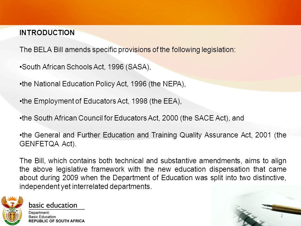 2 INTRODUCTION The BELA Bill Amends Specific Provisions Of The ...