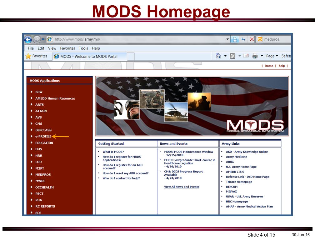 30-Jun-16 Slide 4 of 15 MODS Homepage