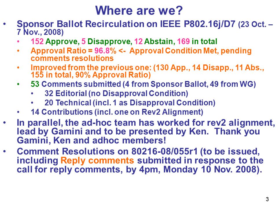 3 Where are we. Sponsor Ballot Recirculation on IEEE P802.16j/D7 (23 Oct.
