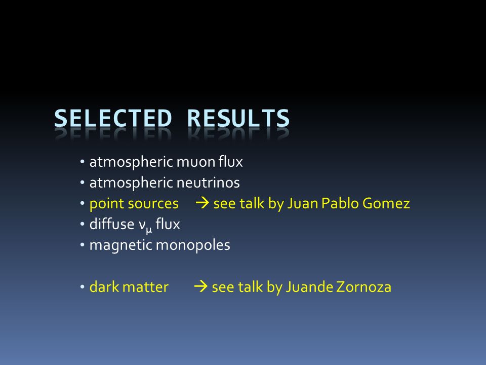 atmospheric muon flux atmospheric neutrinos point sources  see talk by Juan Pablo Gomez diffuse ν μ flux magnetic monopoles dark matter  see talk by Juande Zornoza