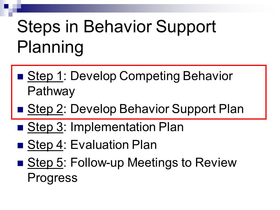 Steps in Behavior Support Planning Step 1: Develop Competing Behavior Pathway Step 2: Develop Behavior Support Plan Step 3: Implementation Plan Step 4: Evaluation Plan Step 5: Follow-up Meetings to Review Progress
