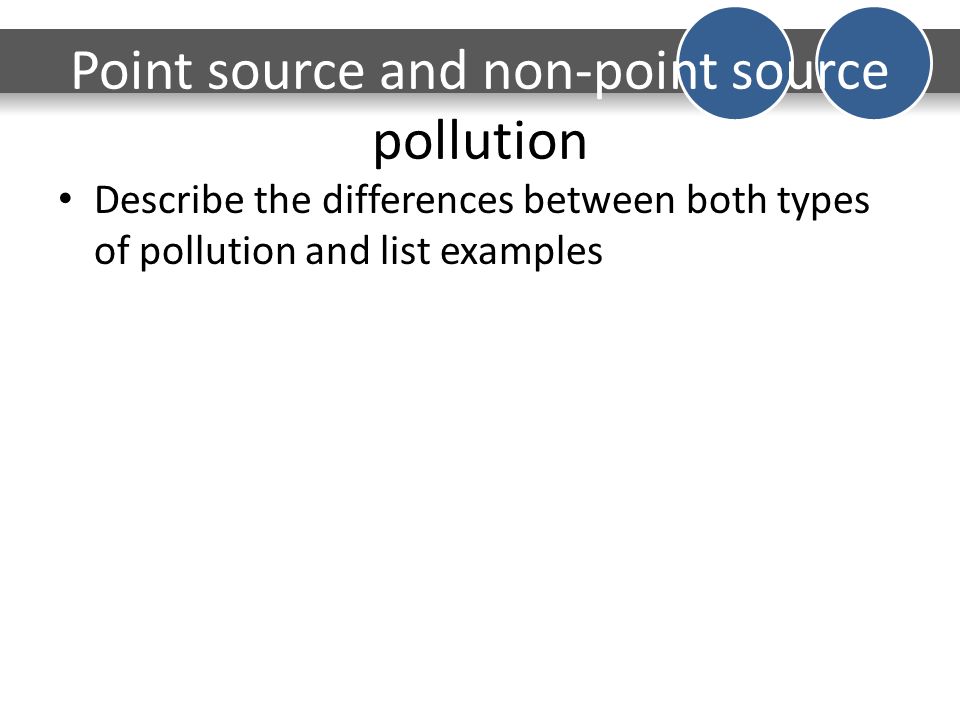 Point source and non-point source pollution Describe the differences between both types of pollution and list examples