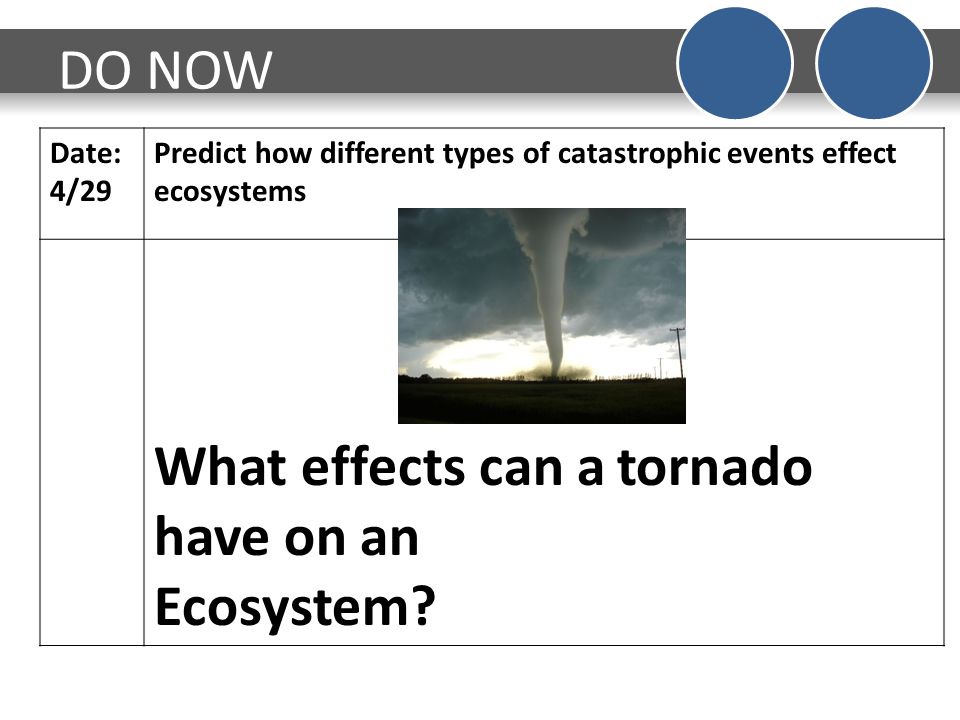 DO NOW Date: 4/29 Predict how different types of catastrophic events effect ecosystems What effects can a tornado have on an Ecosystem