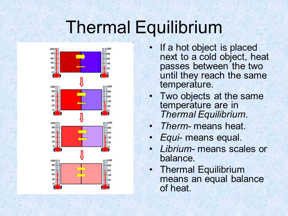 Thermal Equilibrium. Heat always travels from hot to cold. So if something  hot is put near something cold, the heat tries to move to the cold object.  - ppt download