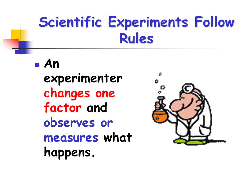 Scientific Experiments Follow Rules An experimenter changes one factor and observes or measures what happens.