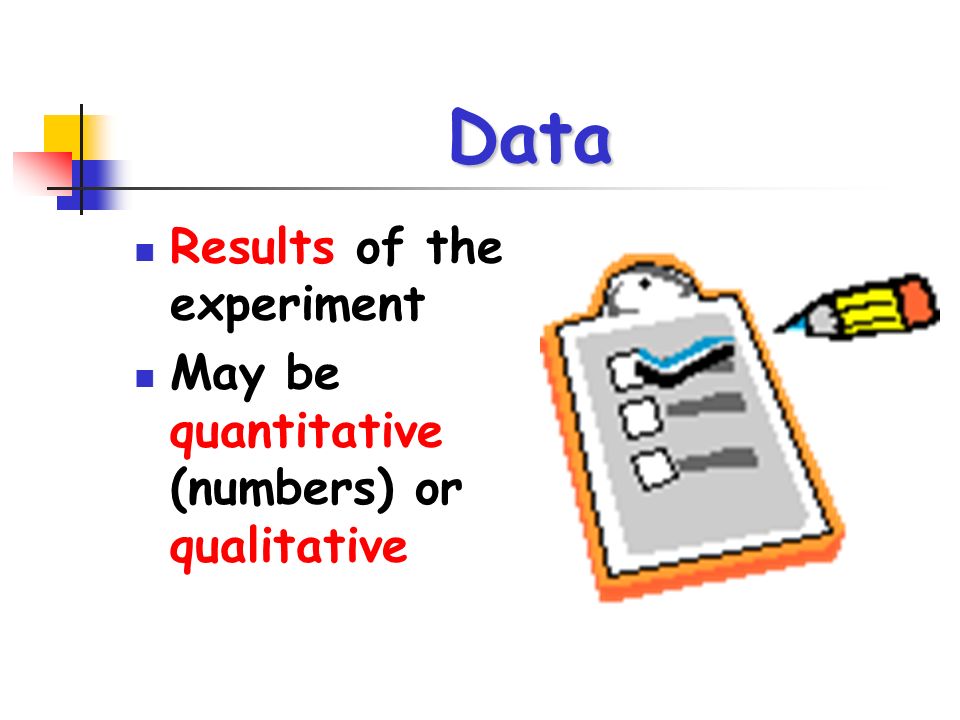 Data Results of the experiment May be quantitative (numbers) or qualitative