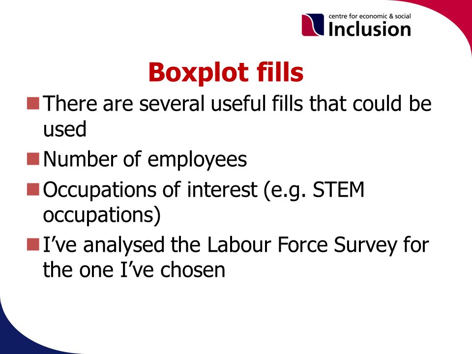 Boxplot fills There are several useful fills that could be used Number of employees Occupations of interest (e.g.