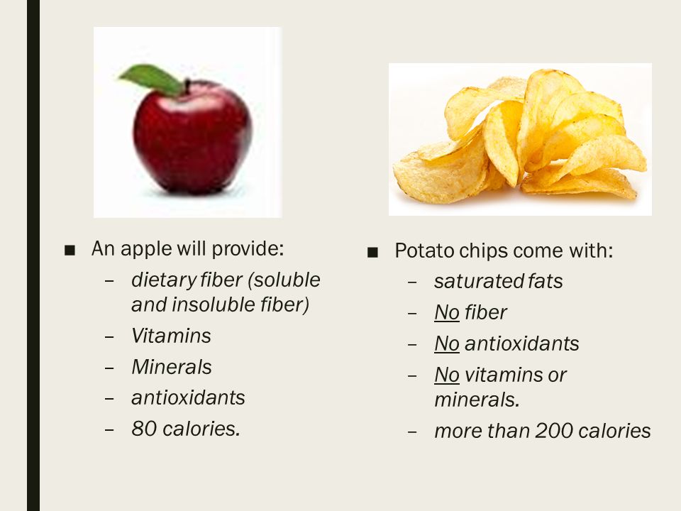 ■An apple will provide: –dietary fiber (soluble and insoluble fiber) –Vitamins –Minerals –antioxidants –80 calories.